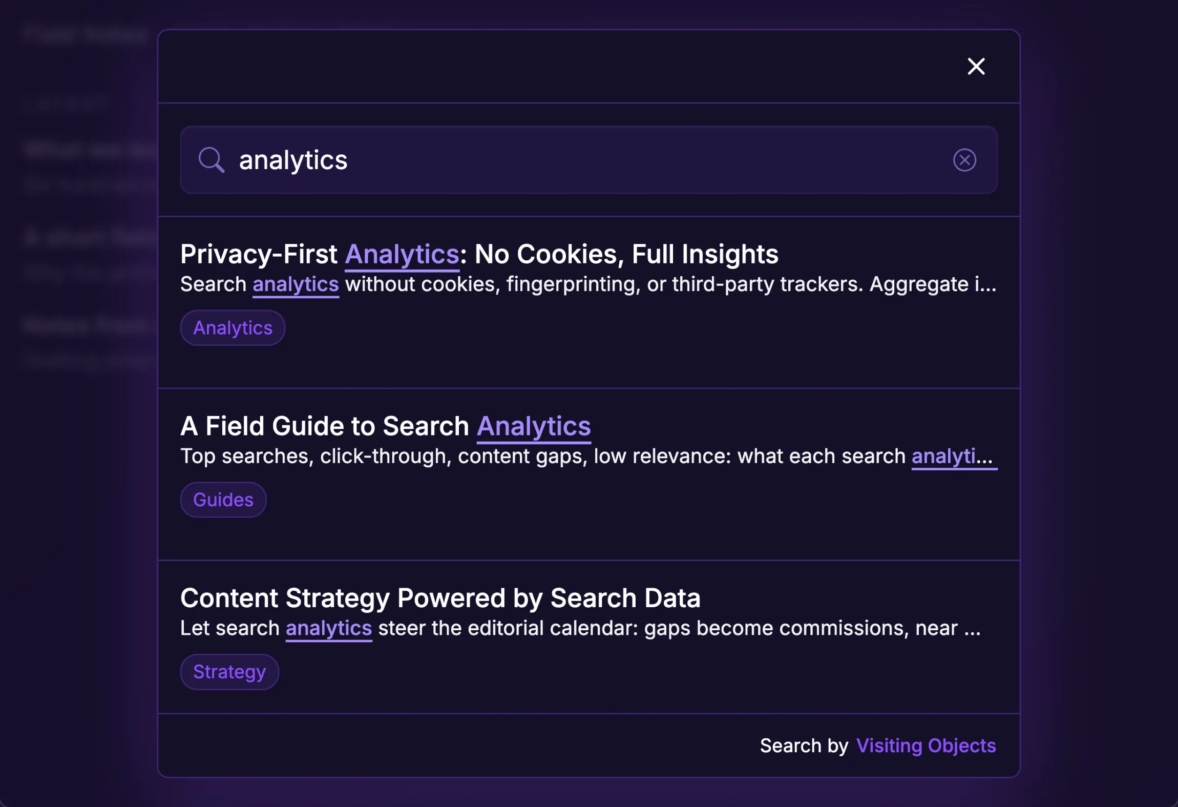 Search popup open over a Ghost site with highlighted results for a query